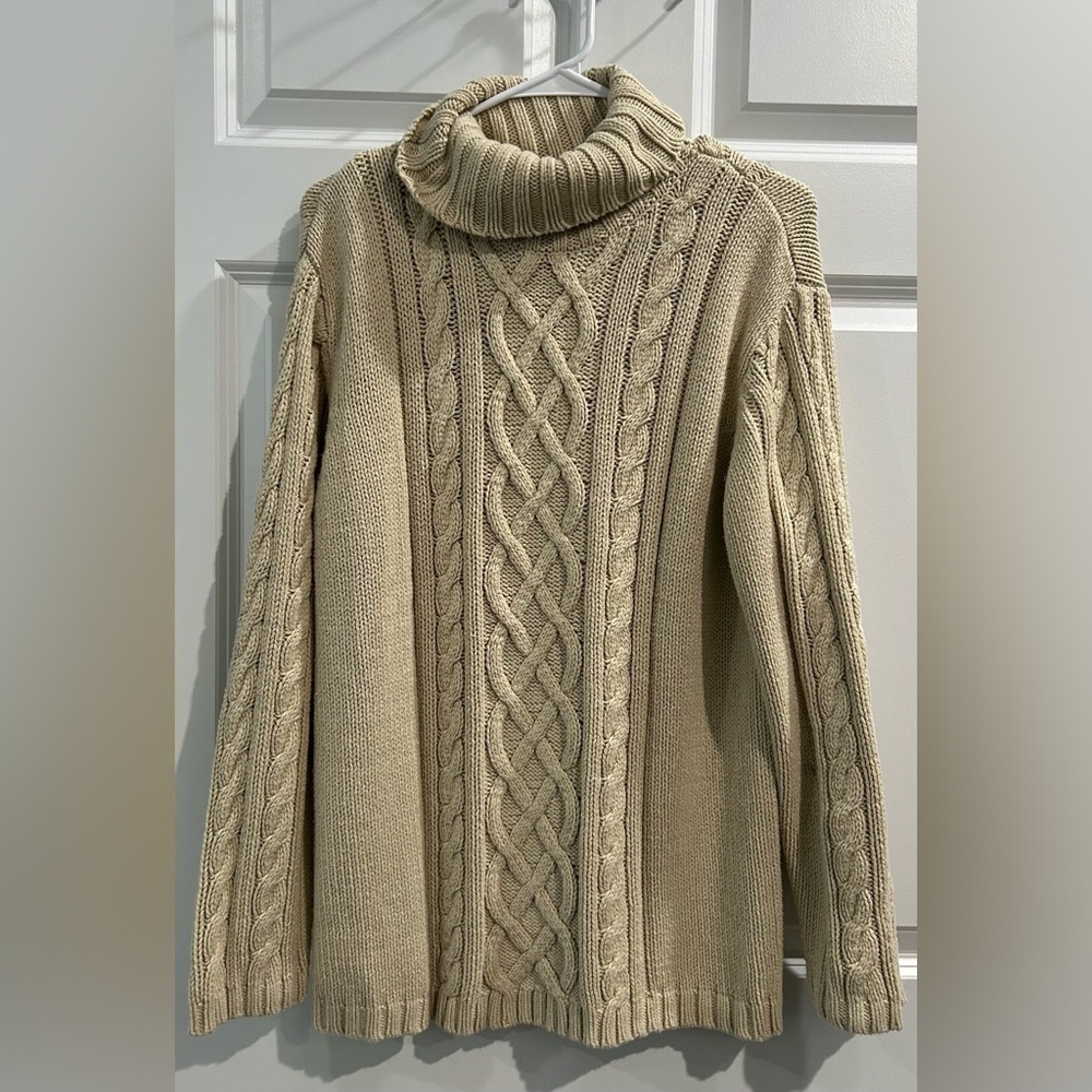 Talbots Cotton Blend Fisherman Sweater Size M Cowl Neck‎ Cable Knit Cottage Boho